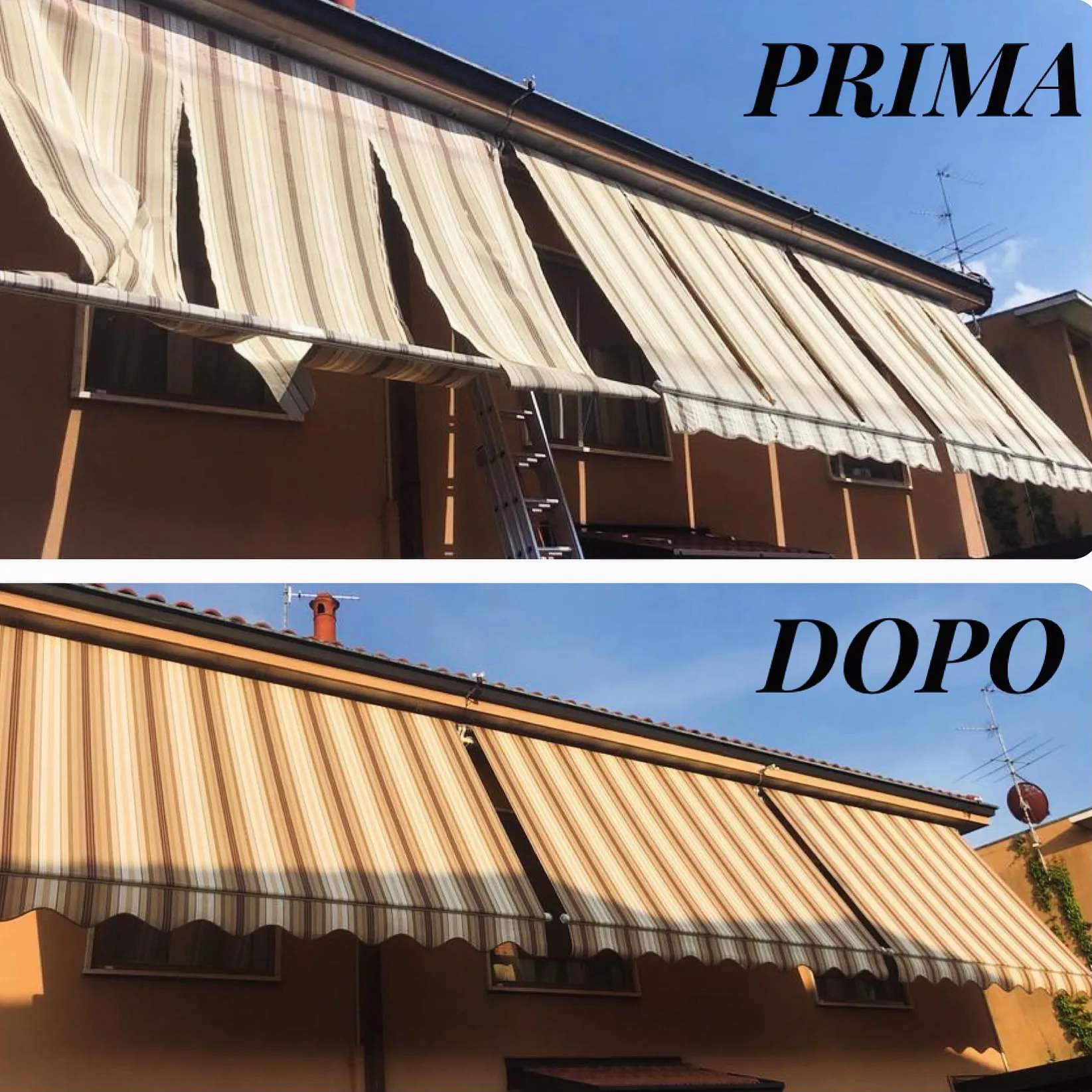 Prima e dopo la sostituzione del telo di una tenda da sole a righe